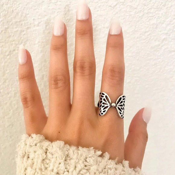 925 Sterling Silver Butterfly Ring Wings Ring Minimalist Geometric Ring Band - Picture 7 of 10